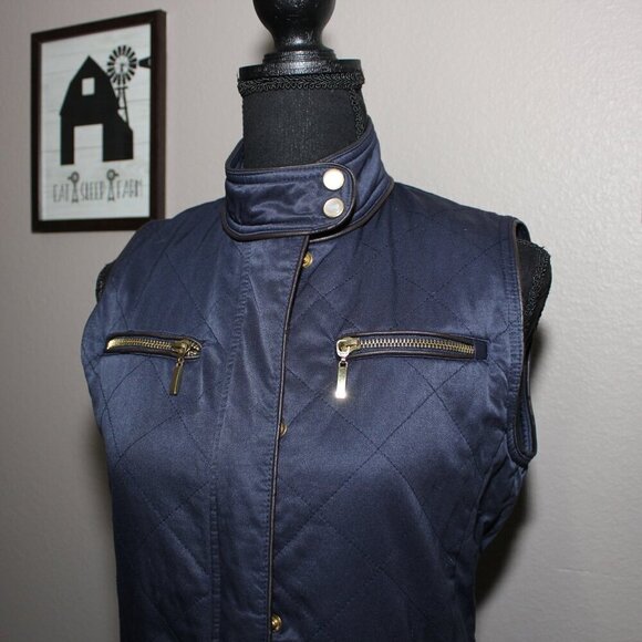 Pendleton Womens Navy Camas Vest Gold Hardware Faux Leather Trim Quilted Size Sm - Picture 2 of 10